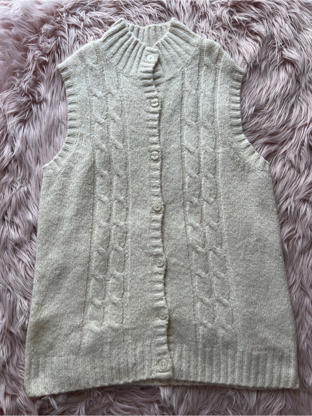 Women's Cream Cable Knit Button-Front V-Neck Sweater Vest Deadstock Large